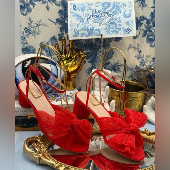 🆕 LOEFFLER RANDALL 🧿 NWOT Dahlia Candy Apple Red Pleated Organza Bow Heel Sz 7 - Picture 3 of 16